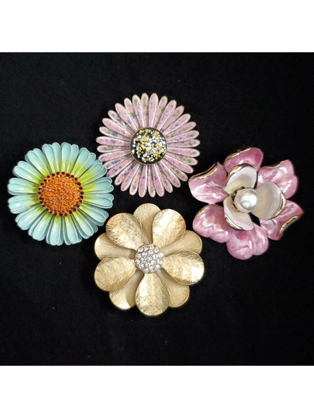Vintage Floral Brooch Lot Enamel Rhinestone 2-2.25"